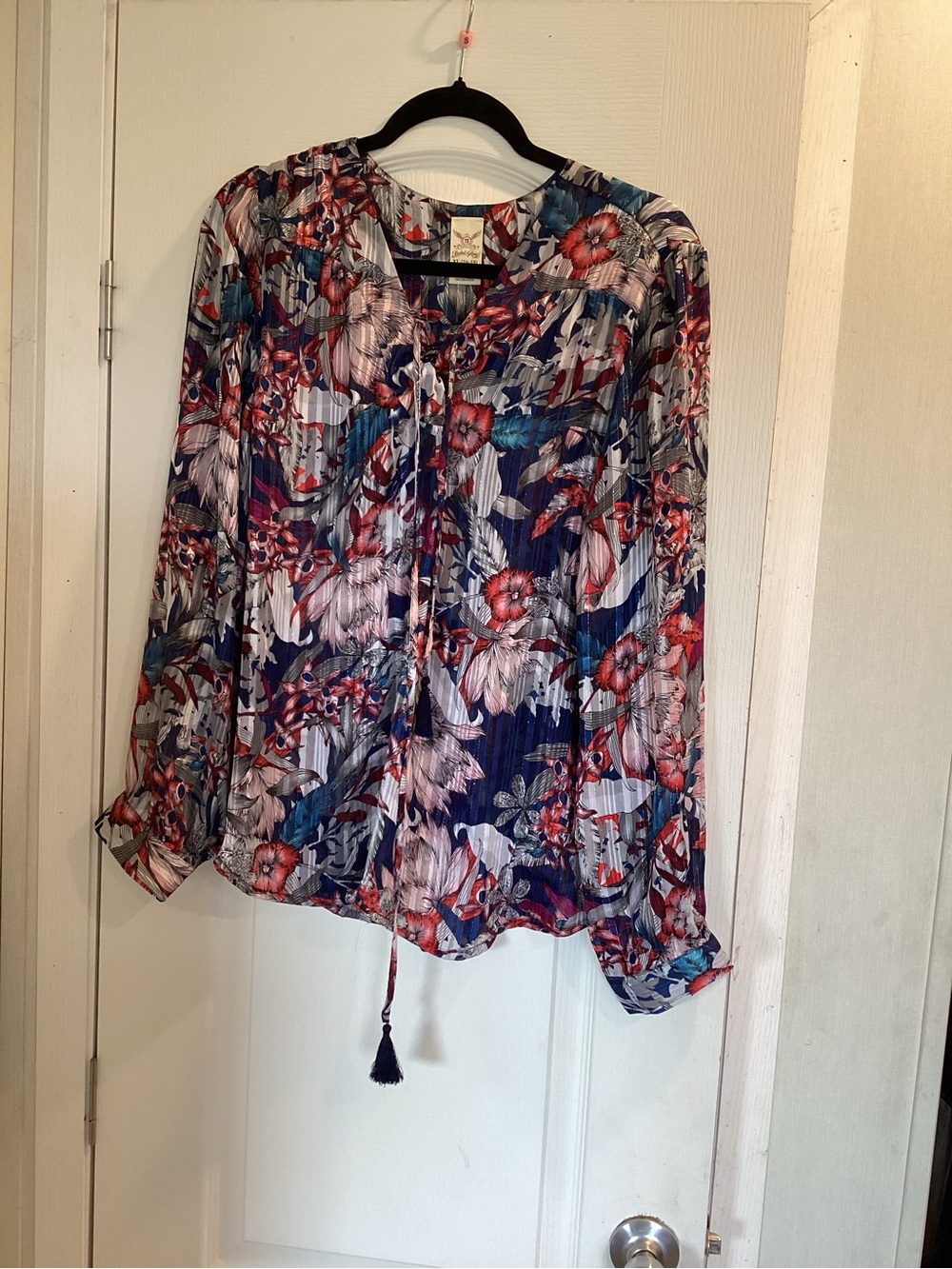 Faded Glory Navy Floral Tie-Front Blouse with Pink Accents XL EUC